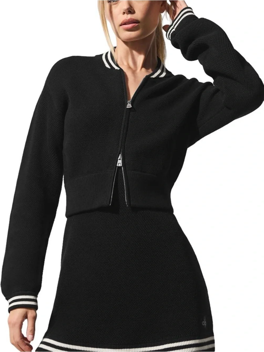 Alo Yoga Tennis Club Sweater Knit Zip Cardigan Black White Women's Size XS